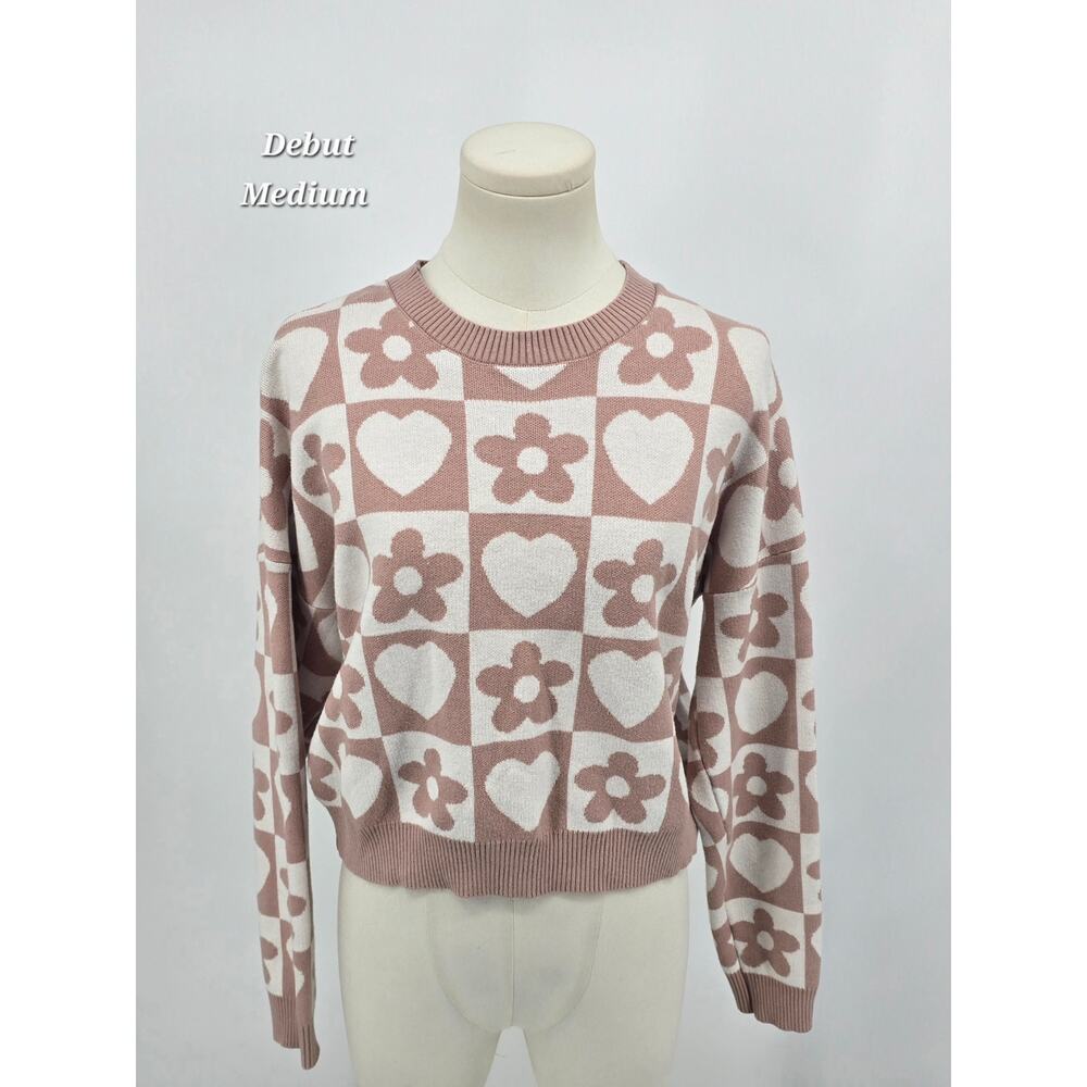 Debut Y2k Cottagecore Pastel Blush Pink Heart & Daisy Sweater –‎ Size M